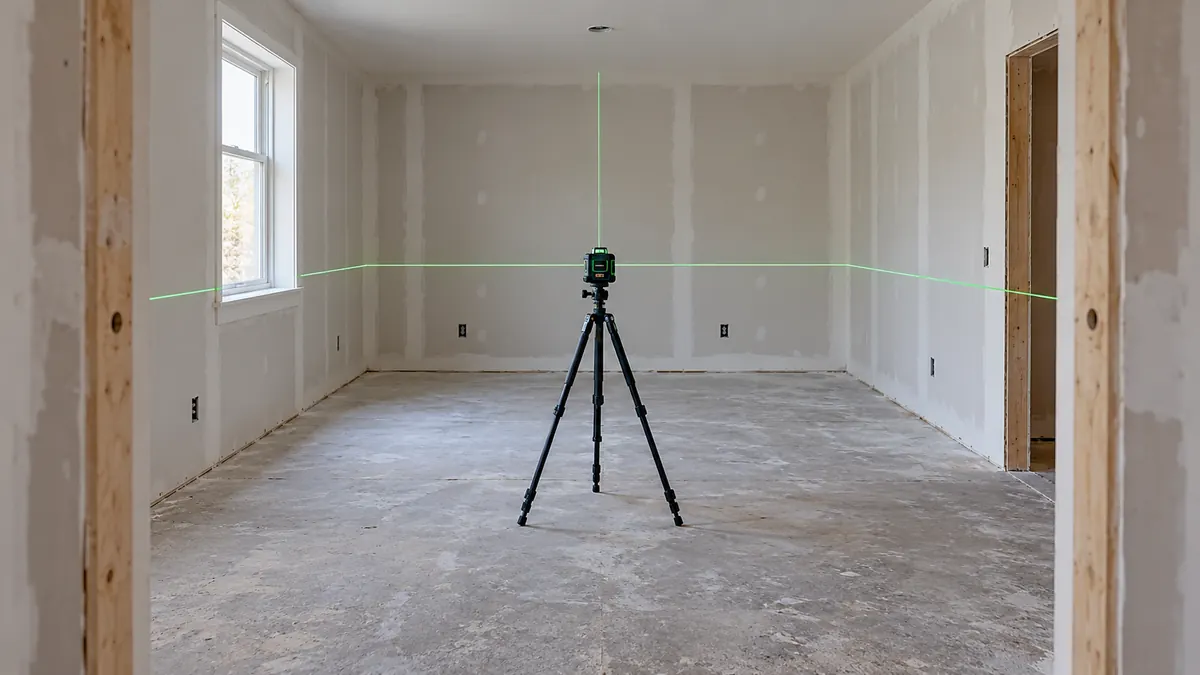 Three-plane laser level projecting a room-wide horizontal reference