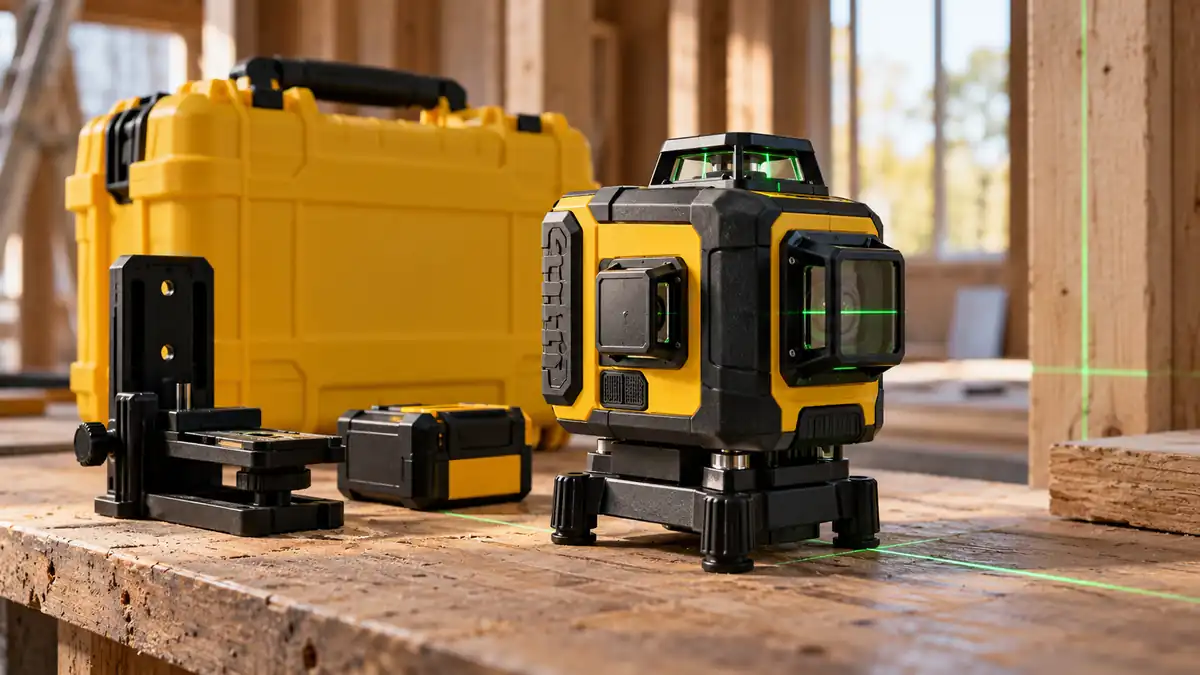 Yellow-and-black laser level with its mounting bracket and carry case