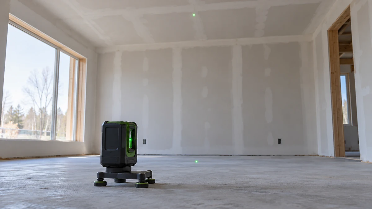 Dot laser level on a stable low platform in an unfinished room