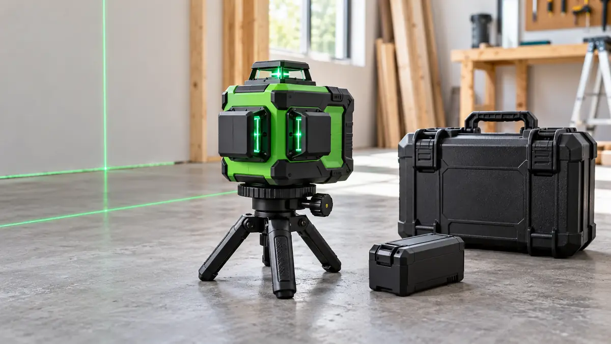 Green multi-plane laser level with a removable battery and protective case