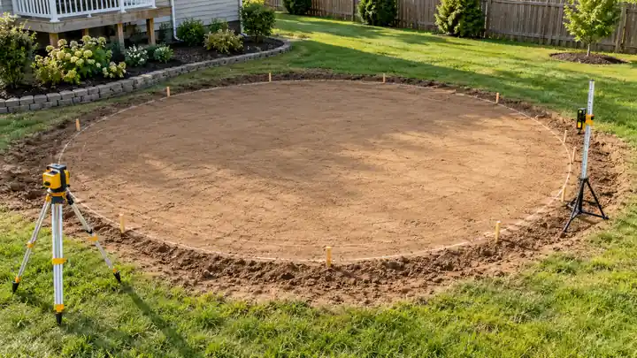 Rotary laser and receiver rod beside a prepared circular above-ground pool site