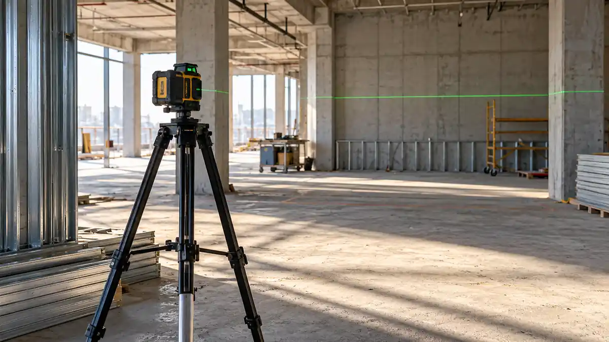 Laser level reference across a building interior under construction