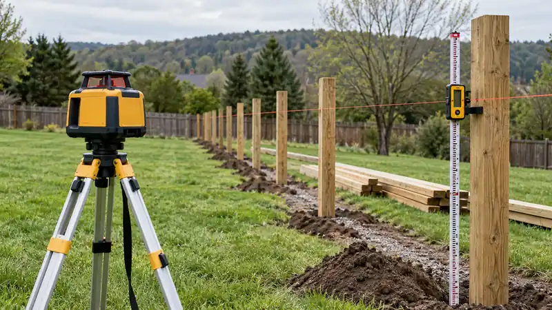 Laser leveling equipment beside a row of newly installed fence posts