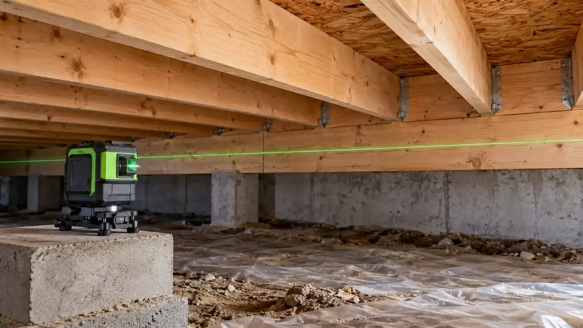 Laser reference beside exposed timber floor joists and a rim board