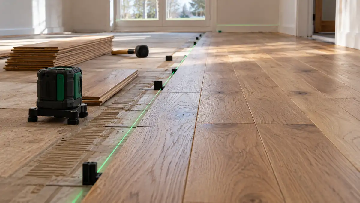 Laser layout reference beside oak flooring boards during installation