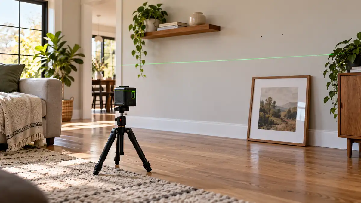 Green laser level on a tripod for shelf and picture layout in a living room