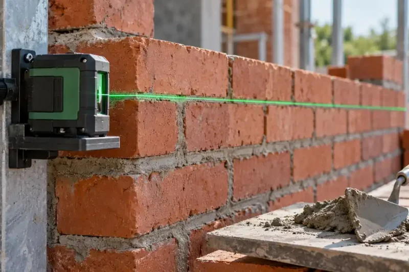 Horizontal laser reference across a brick course during masonry work