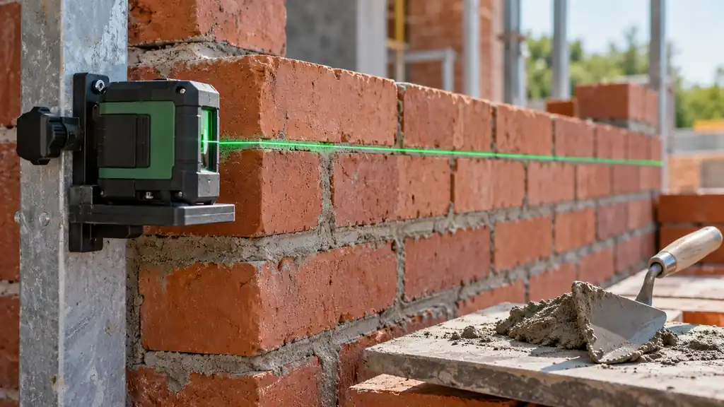 Horizontal laser reference across a brick course during masonry work