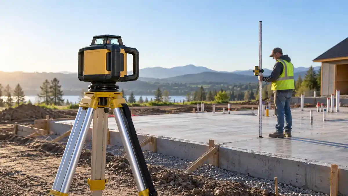 Outdoor rotary laser setup with a receiver and grade rod beside a concrete slab