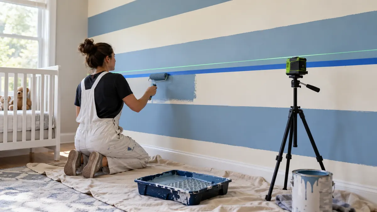 Horizontal laser reference and painter tape for laying out wall stripes