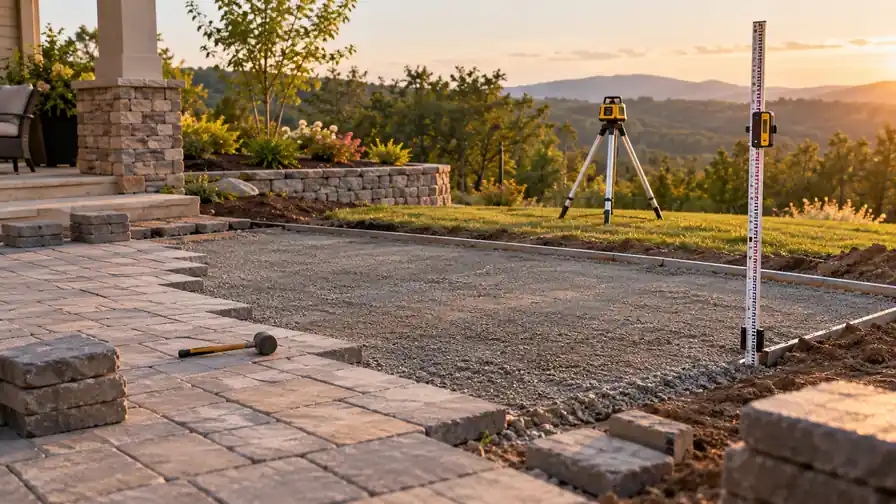 Laser leveling equipment beside partially installed patio pavers