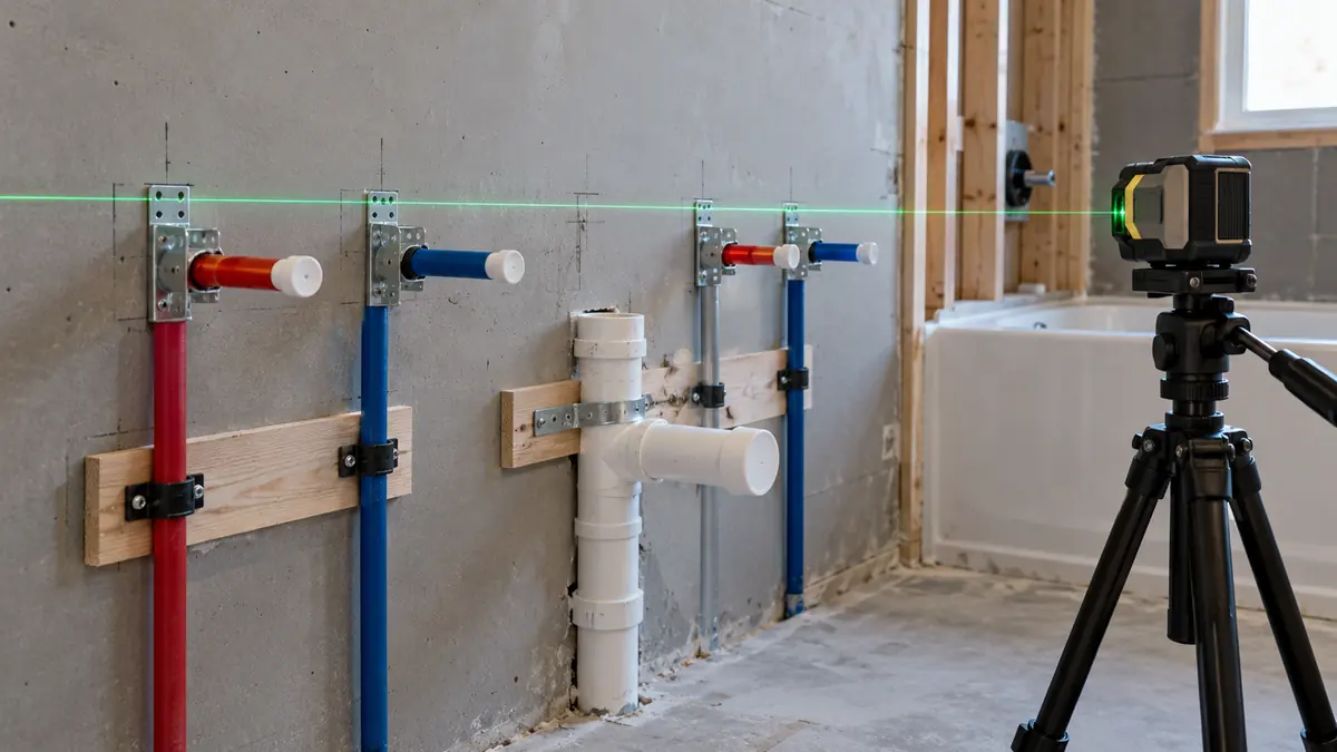 Laser reference across wall marks for bathroom plumbing supports