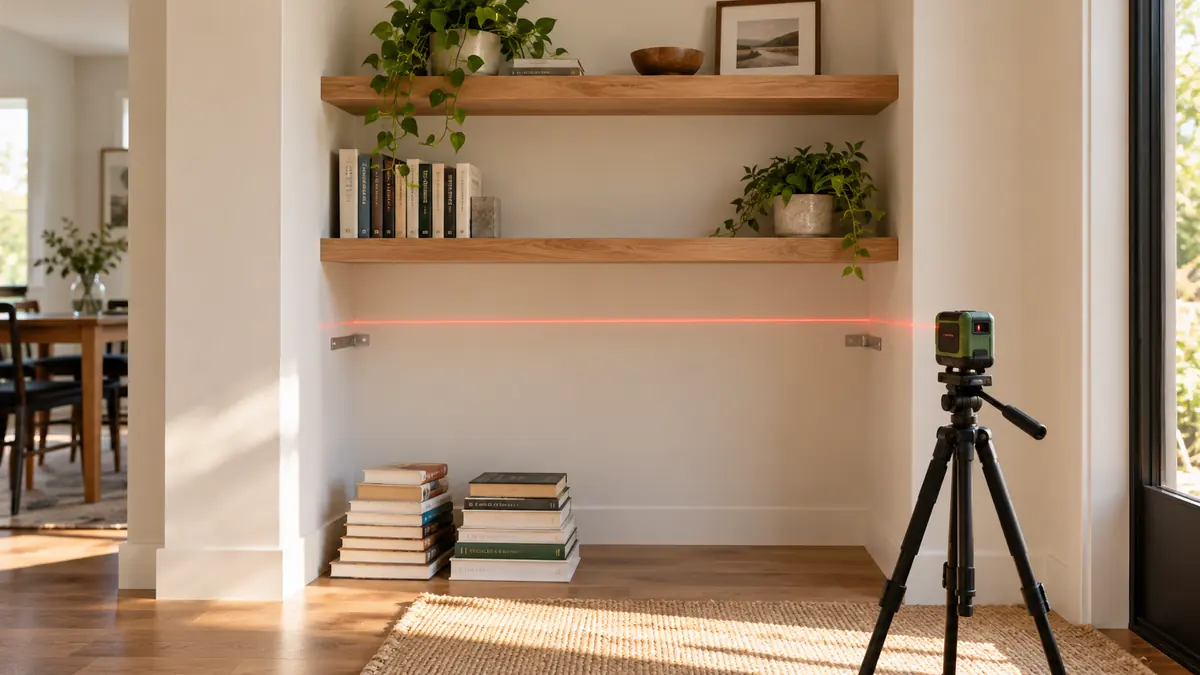 Horizontal laser reference for aligning floating shelves in a wall alcove