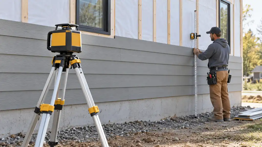 Laser leveling setup beside an exterior lap siding installation