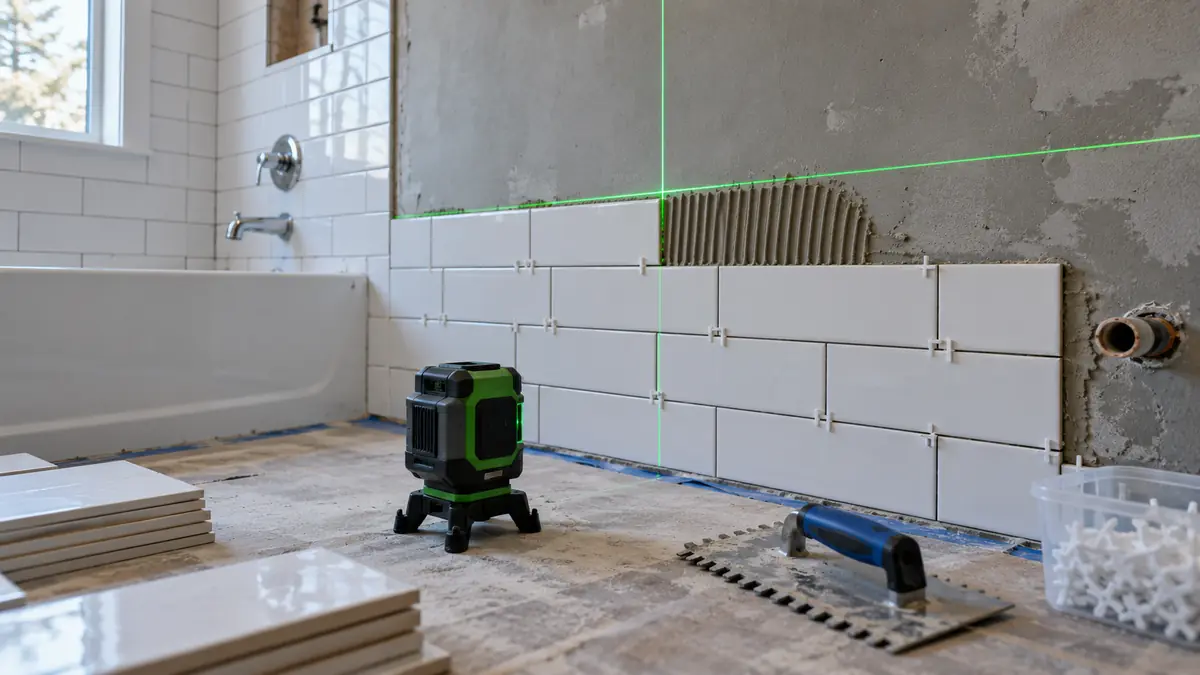 Cross-line laser reference beside bathroom wall tiles and tile spacers