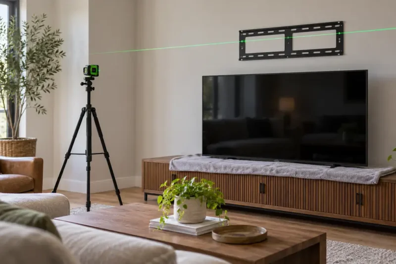 Laser reference across wall marks for positioning a television mounting plate