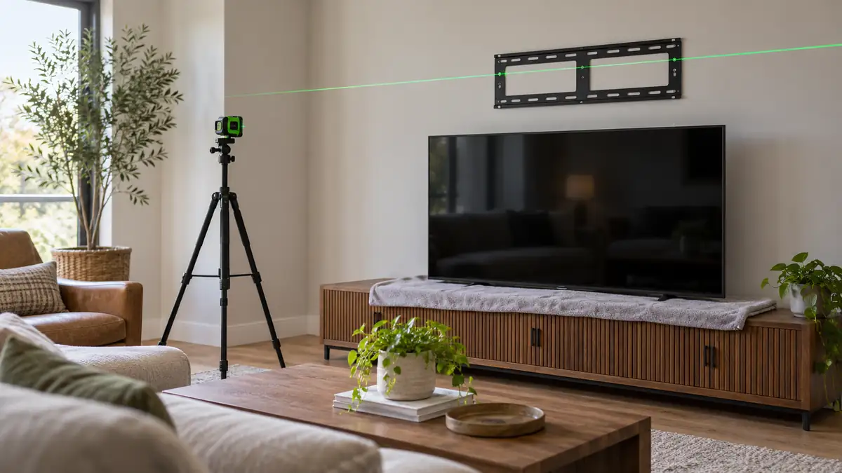 Laser reference across wall marks for positioning a television mounting plate