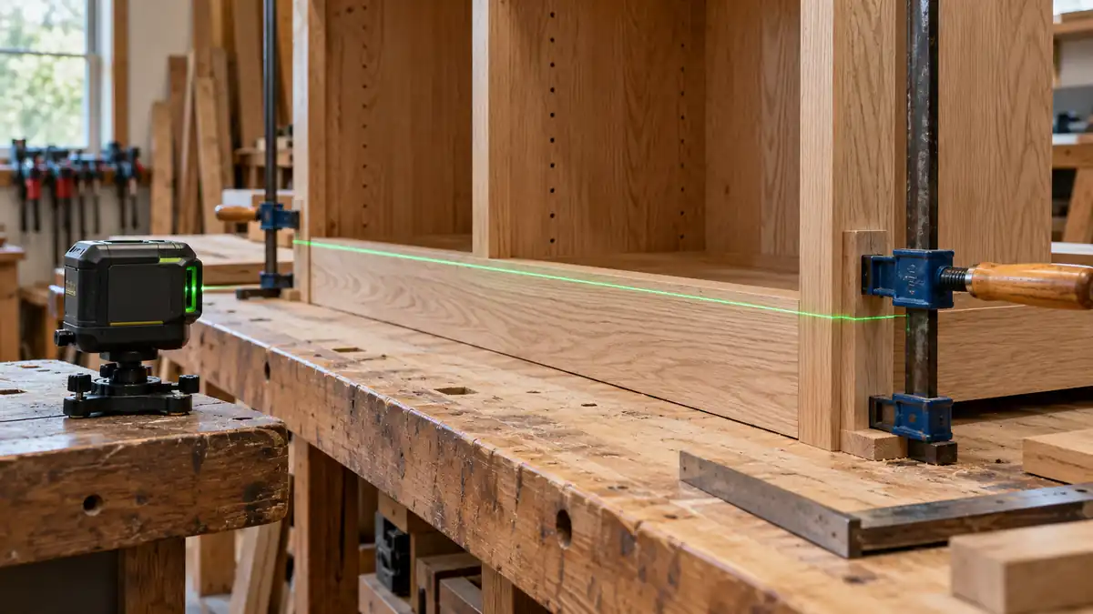 Laser reference across a wooden cabinet assembly on a woodworking bench