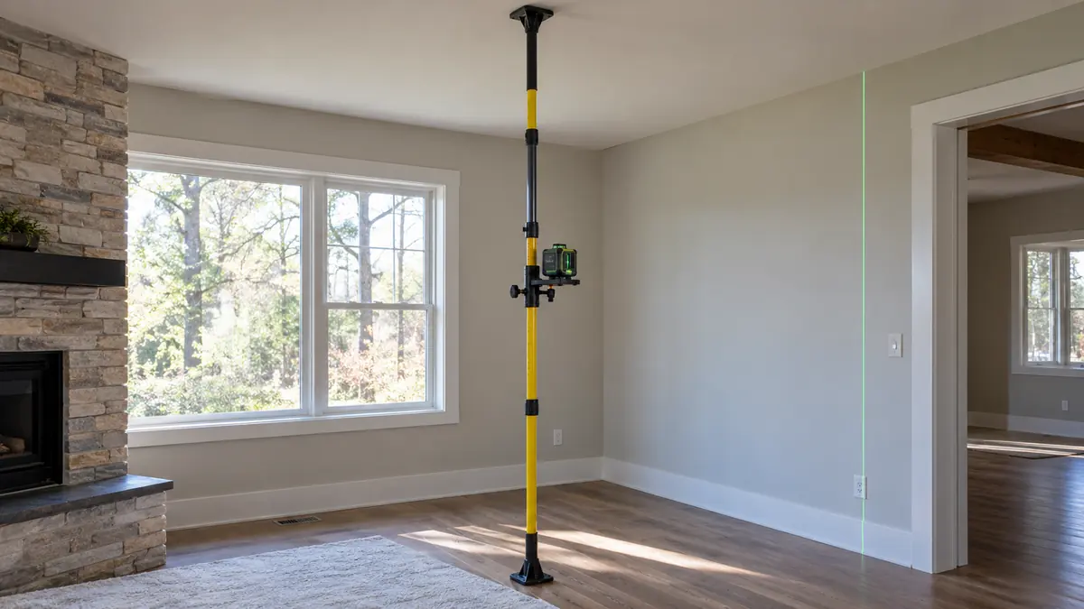 Floor-to-ceiling support pole holding a laser level on an adjustable carriage