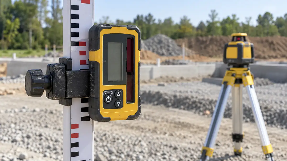 Laser receiver clamped to a survey rod at an outdoor worksite