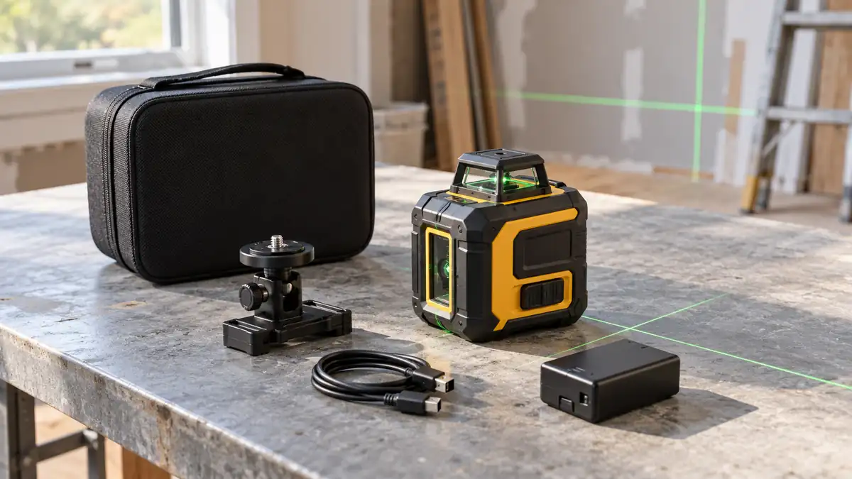Rechargeable laser level kit with a mounting adapter and storage case