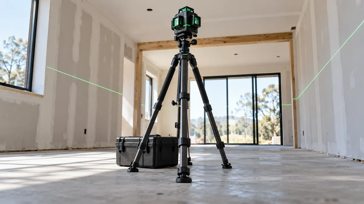 Multi-plane laser level on a tripod in a spacious renovation room