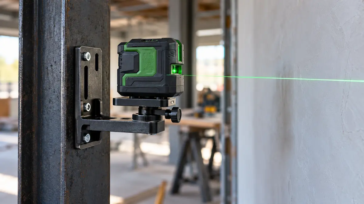 Adjustable wall mount supporting a compact laser level beside a plaster wall