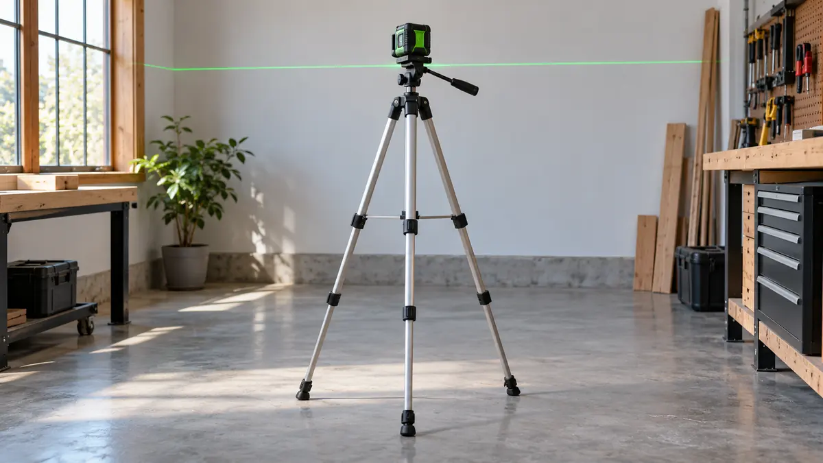 Cross-line laser level mounted on a fully extended stable tripod