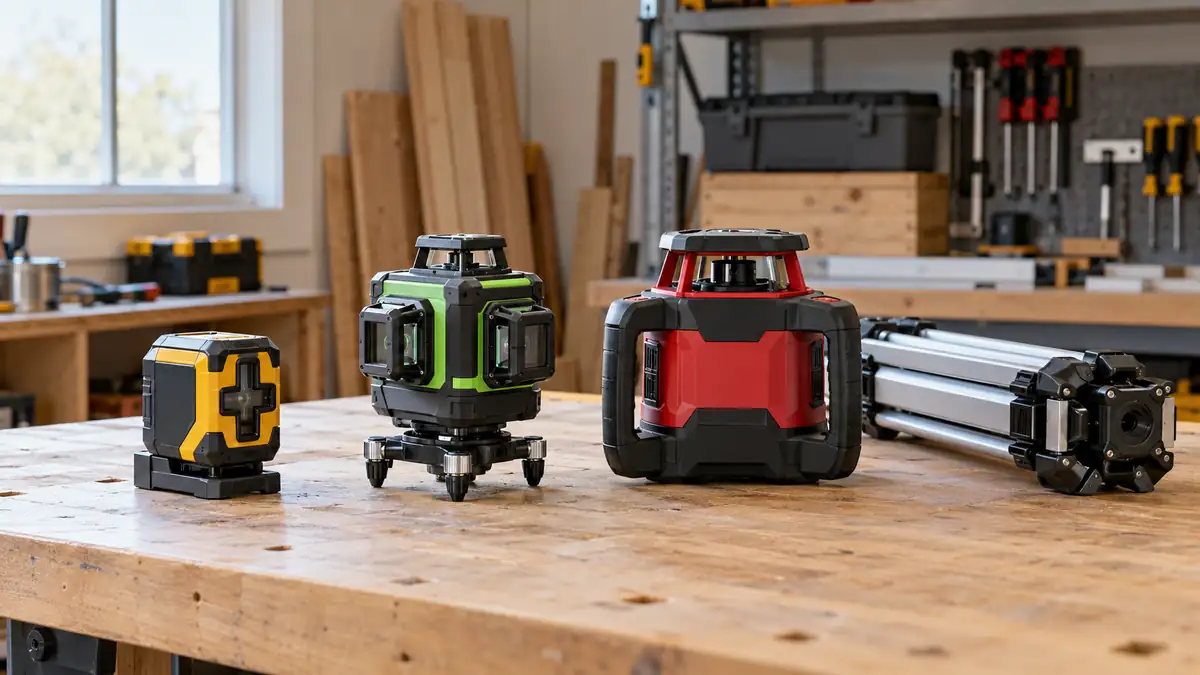 Cross-line, multi-plane and rotary laser levels arranged on a workshop bench