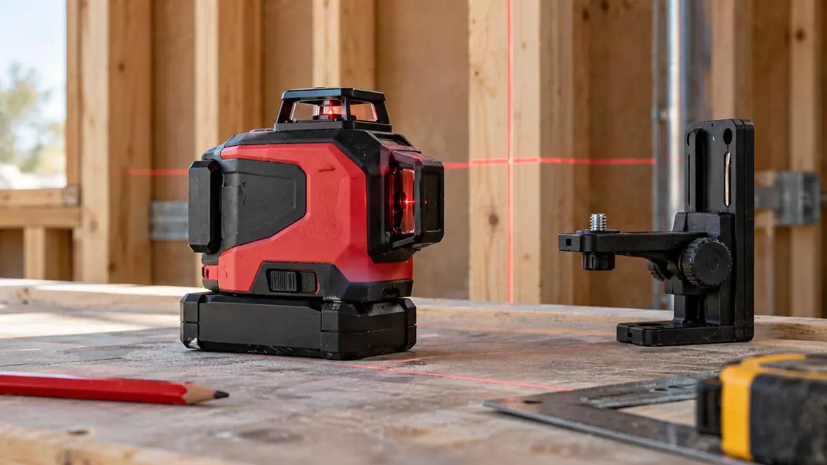 Red-and-black cordless laser level with a battery and mounting bracket