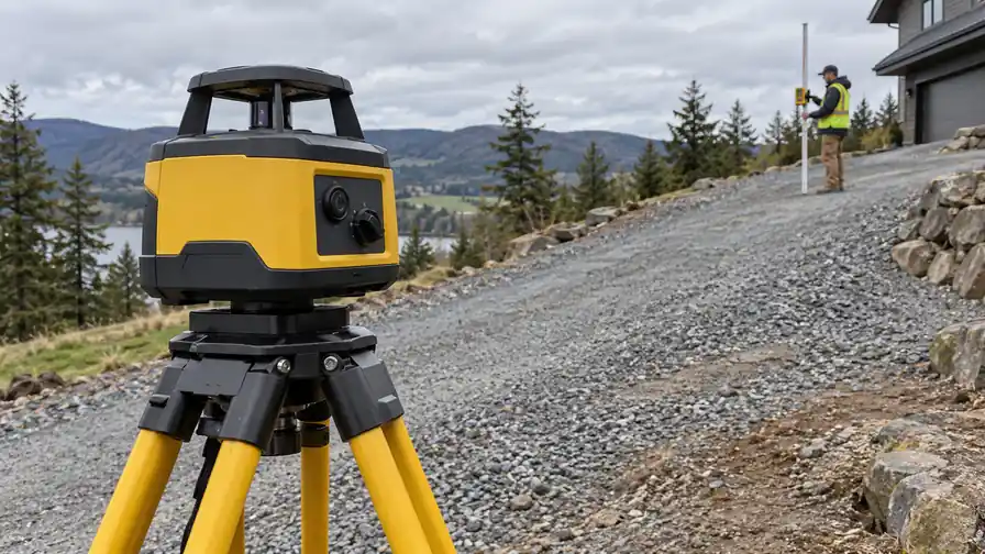 Rotary laser and receiver rod at a sloping gravel driveway
