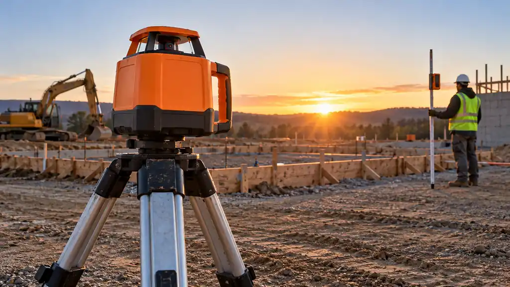 Rotary laser level on a survey tripod at a construction site