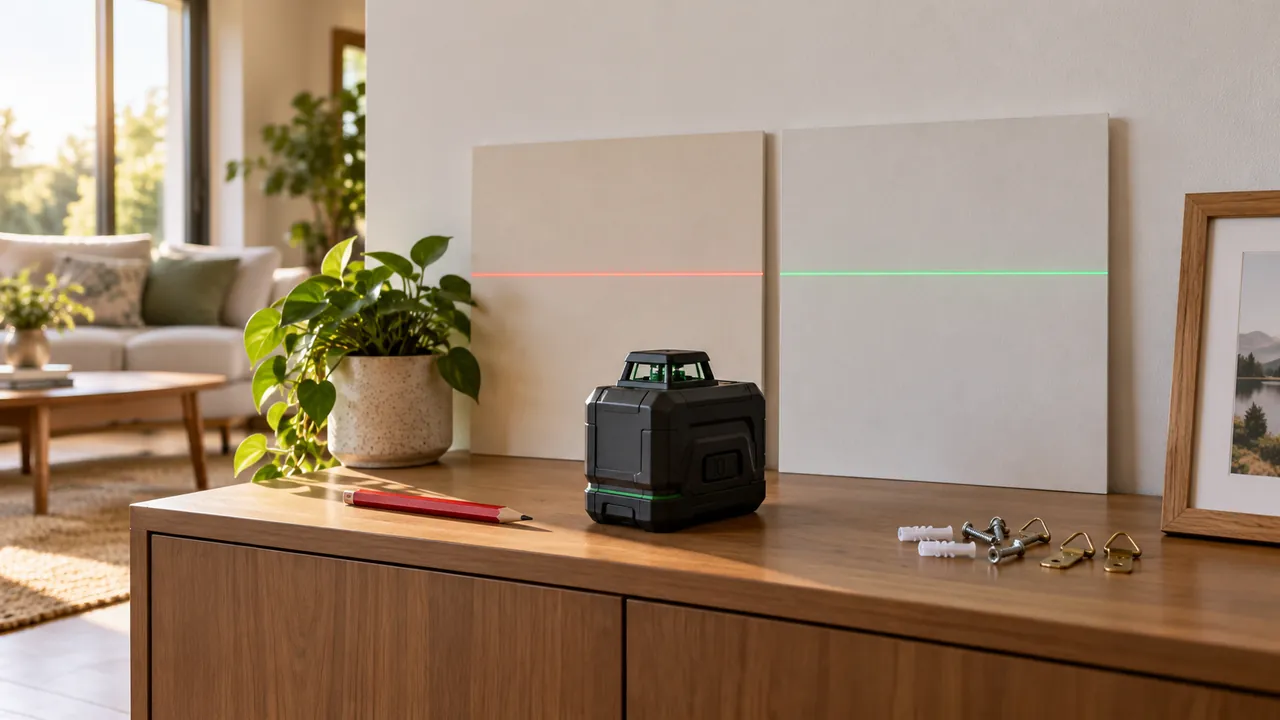 Red and green laser references on sample boards beside picture-hanging hardware
