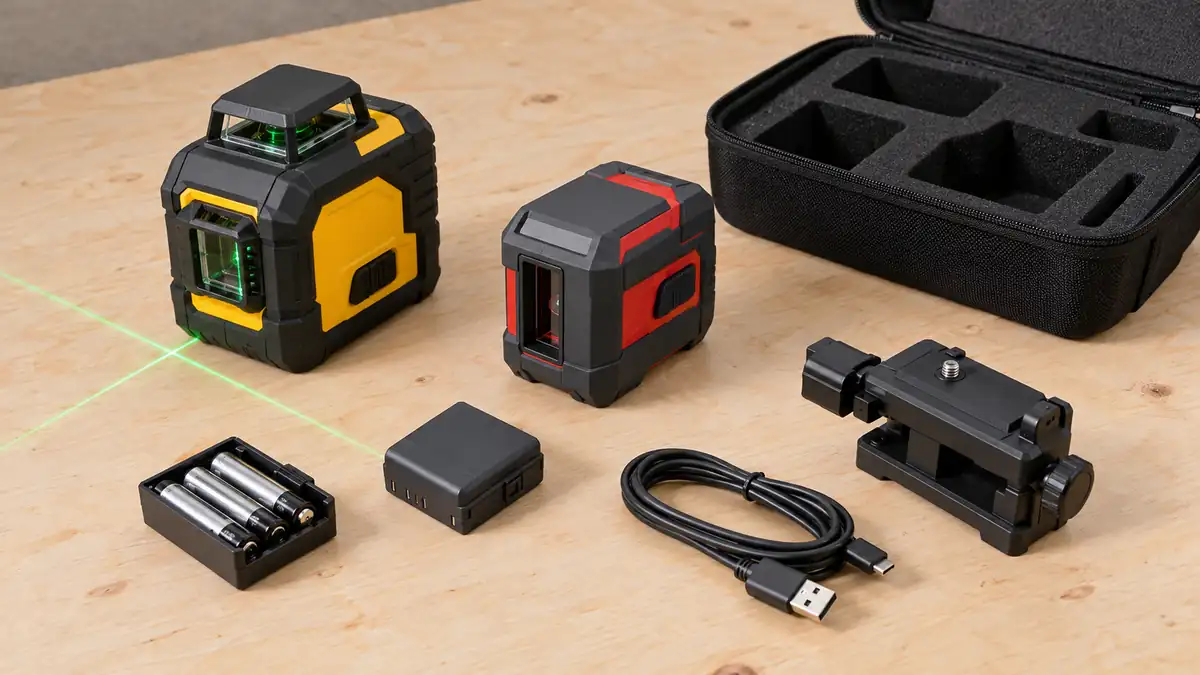 Laser instruments with different power supplies, mounting accessories, and a carry case