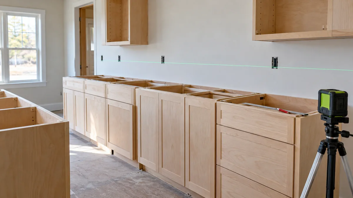 Laser datum above kitchen base cabinets during interior layout
