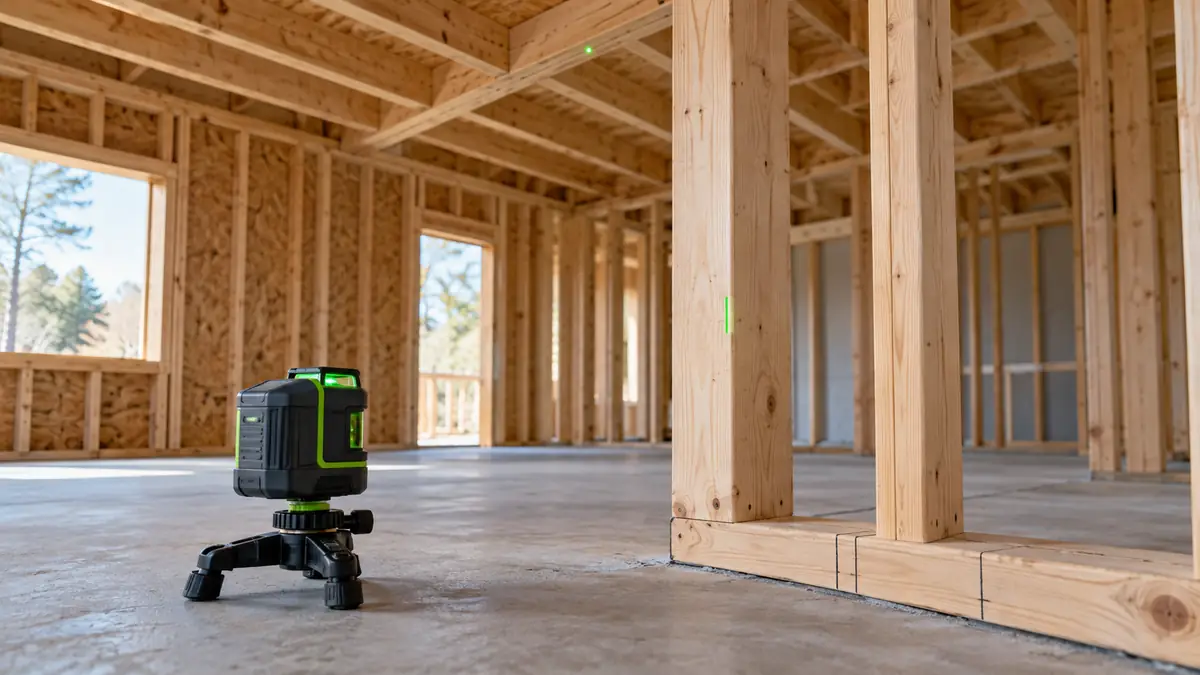 Compact laser beside timber wall framing in an unfinished room