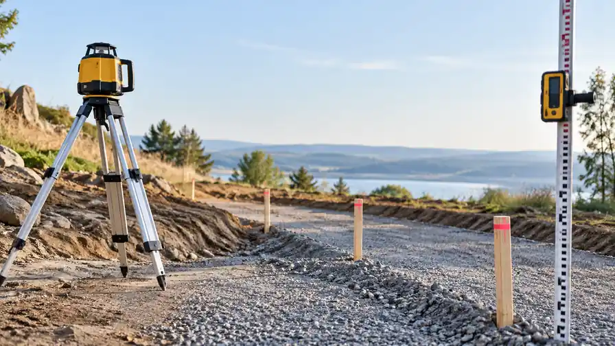Grade rod and rotary laser beside elevation stakes on a sloping path