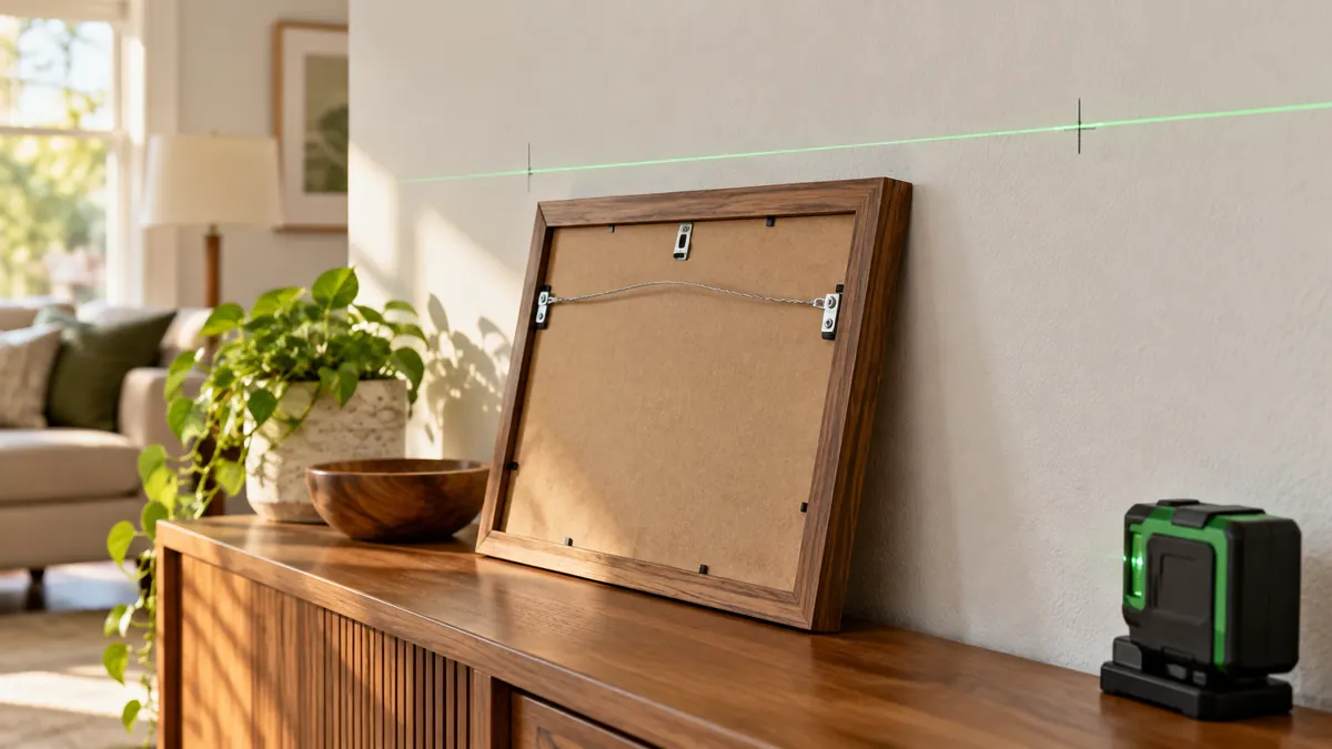 Wall reference beside a picture frame with visible hanging hardware
