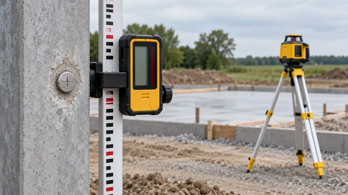 Receiver and upright grade rod beside a site benchmark and rotary laser