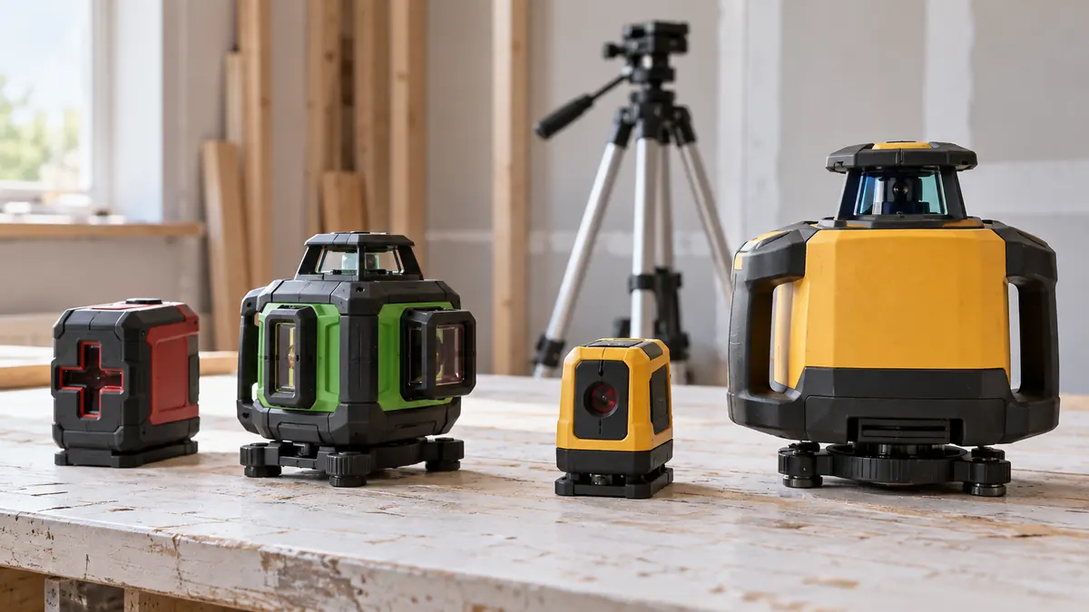 Cross-line, multi-plane, dot, and rotary laser instruments on a workshop bench